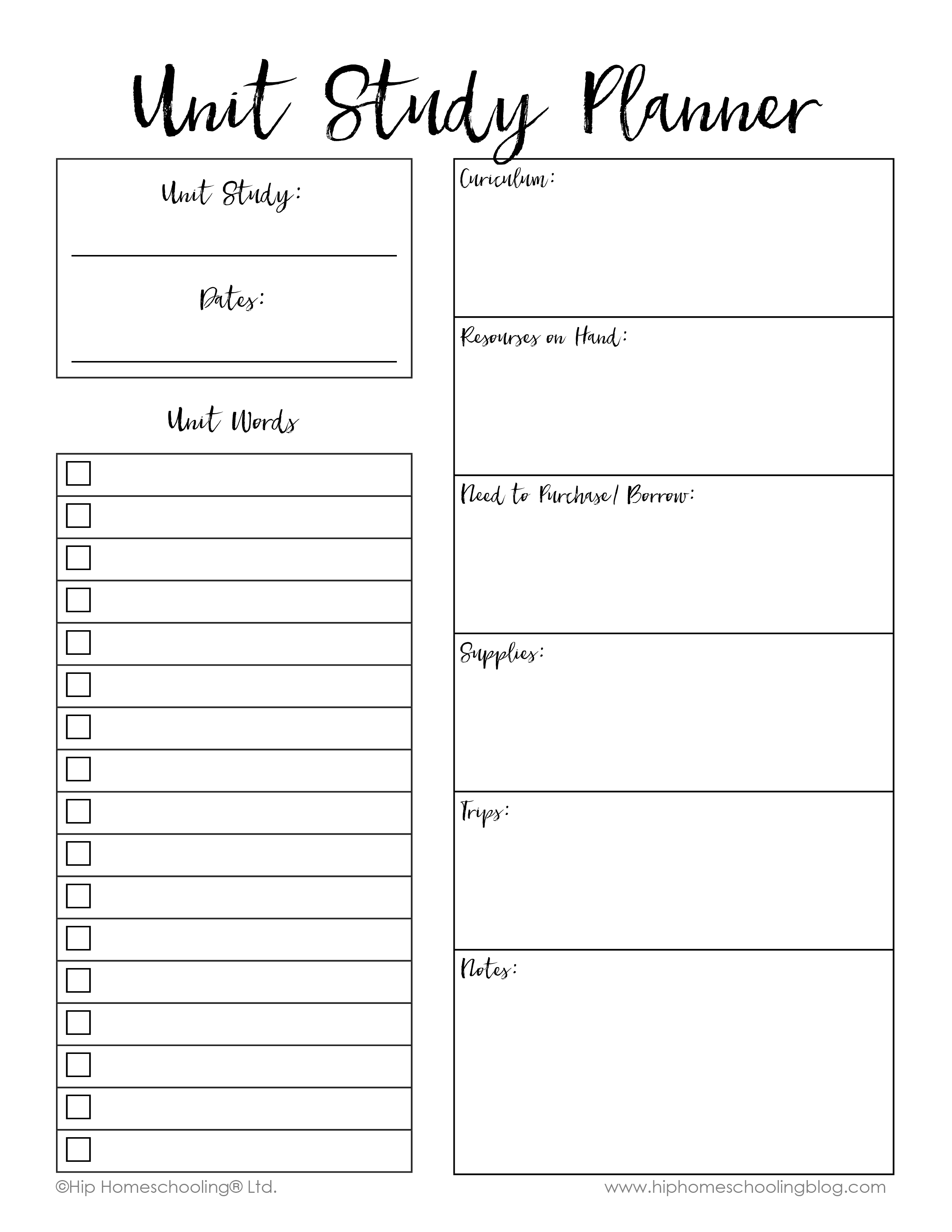 Free Printable Unit Study Planner Printable Templates