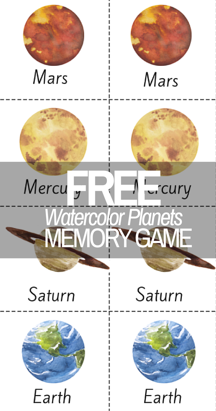 Free printable watercolor planets memory game. Learning about the planets? Come check it out! solar system printable | kindergarten printables | grade 1 printables | grade 2 printables | preschool | preschool printables | homeschool printables | free printables for homeschool | solar system resources | solar system printables | homeschooling science | homeschooling preschool | free homeschool printables | solar system projects | astronomy printables | astronomy lessons | homeschool astronomy | elementary science 